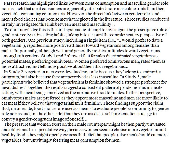  Em Itália, as mulheres preferem homens omnívoros, classificando-os como mais atraentes e avaliando-os mais positivamente do que os vegetarianos. https://psycnet.apa.org/record/2017-26154-001