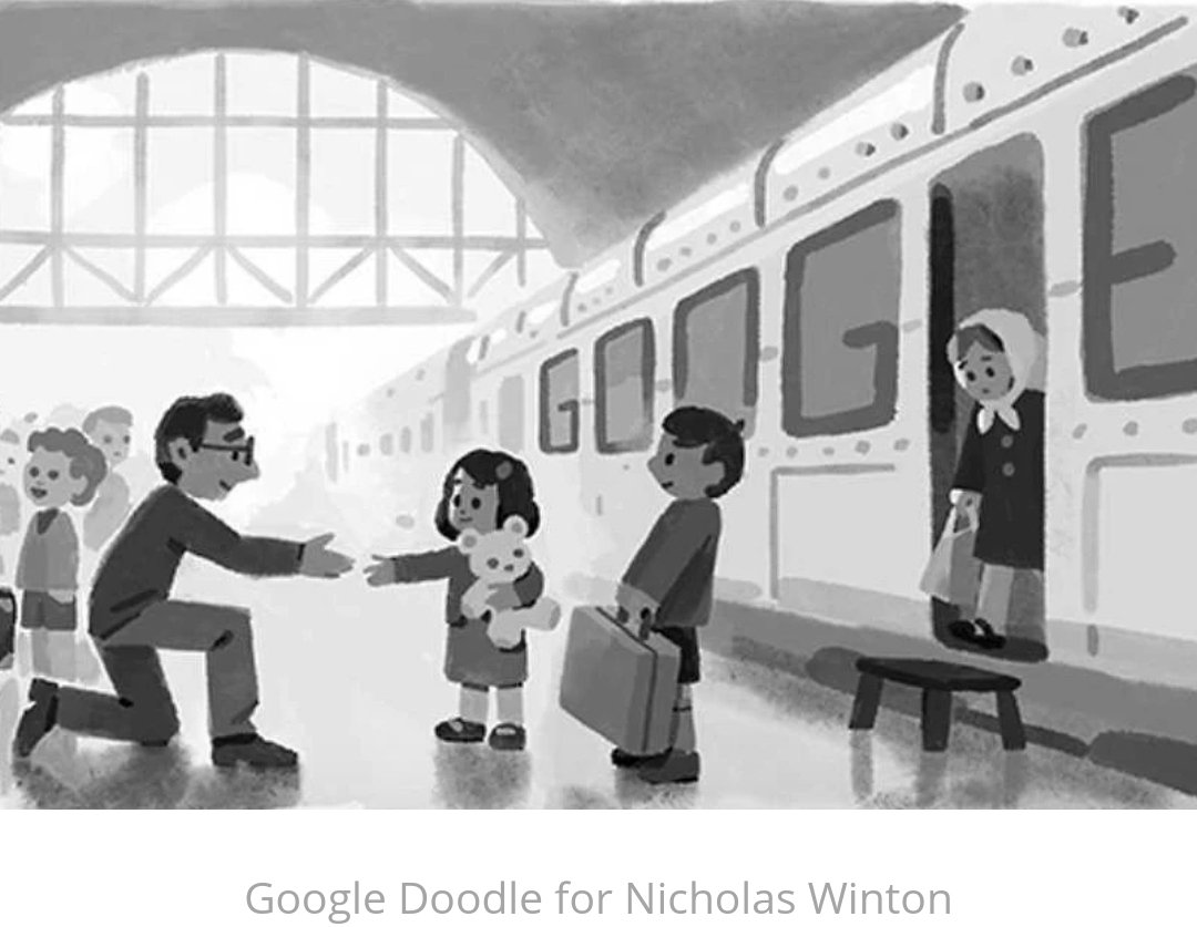 AmbMeron's tweet photo. The doodle on the main page of search engine Google today is in honor of Sir Nicholas Winton, who would have been 111 years old today. Winton organized the escape of over 600 children, mostly Jewish, from German-occupied Czechoslovakia in the lead-up to World War II https://t.co/cT5PXvcEap