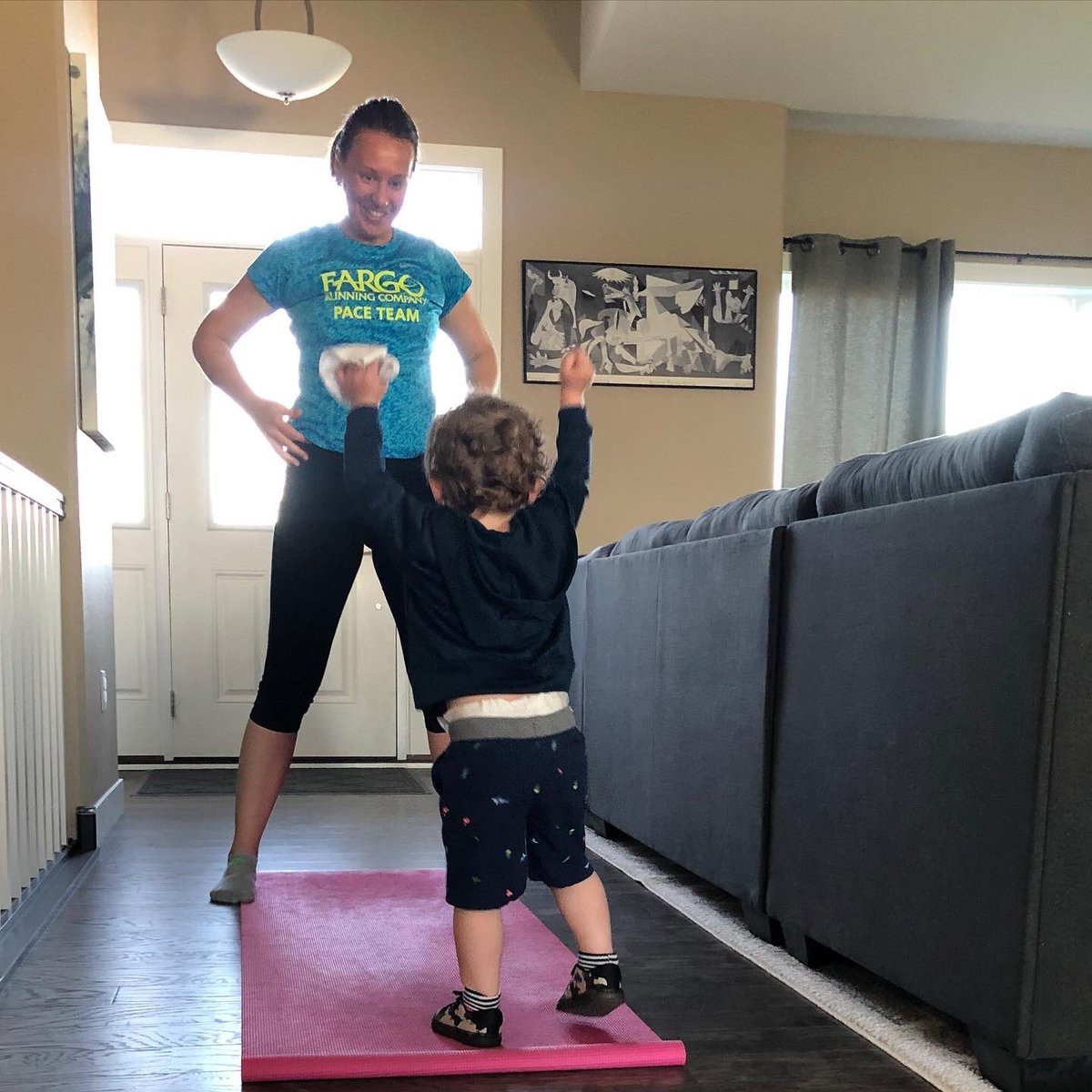 LindsayIRL's tweet photo. Little man wanted to do “yoda” (yoga 😂) with me this morning after my run 💚

#workoutbuddy #morningrun #yoga #momlife #wellness #wellirl https://t.co/YNVeqI8ROw