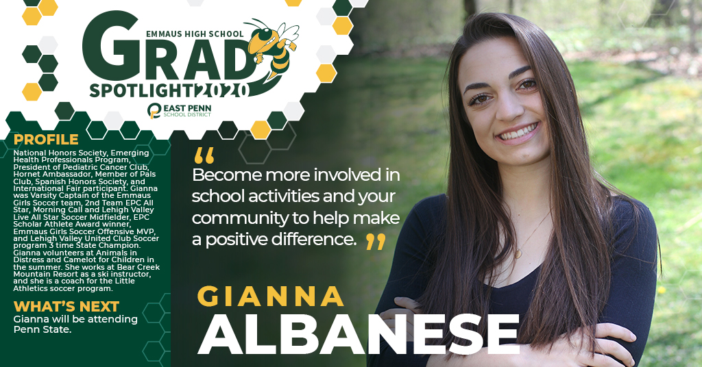 2020 Grad Spotlight- Gianna Albanese- What is the biggest lesson you’ve learned in school?

"Become more involved in school activities and your community to help make a positive difference." 

#2020EHSGradSpotlight   #EastPennPROUD