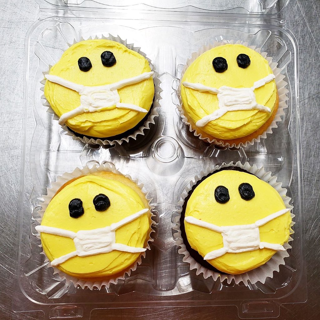 Our “Stay Safe and Smile” treats are here! We’re making Smiley Mask #cookies, a Smiley Mask mini white #cake, and Smiley Mask #cupcakes, benefiting the “Stay Safe &amp; Smile” Project, and available for purchase ONLY on Friday 5/22. Pre order your treats at bit.ly/3bKzKmd