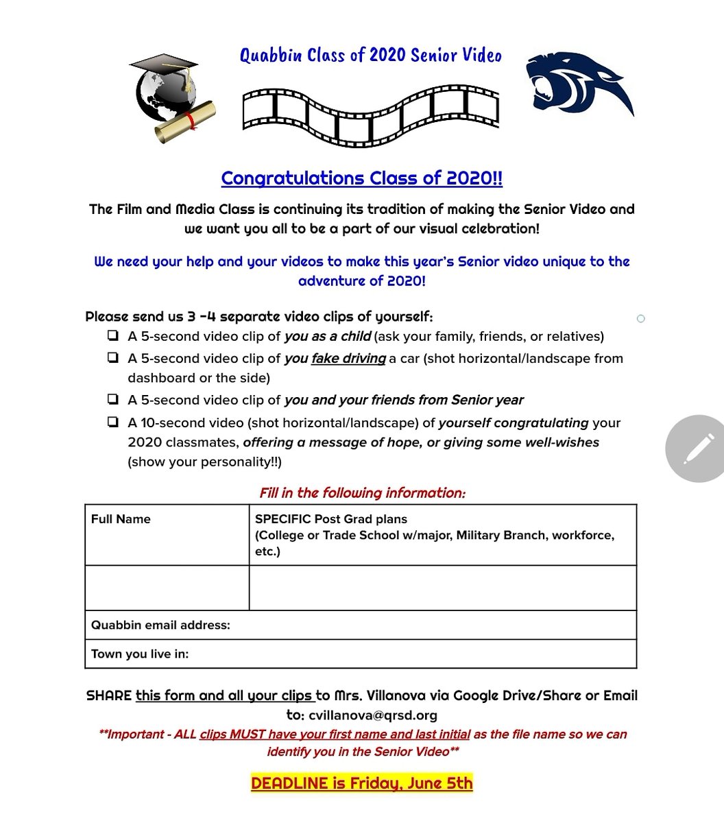 QuabStudentGov's tweet photo. ATTENTION SENIORS!!! 👩‍🎓👨‍🎓
.
The Film and Media Club needs your help to make this year's senior video! 🎥🎞📽
.
Don't delay! The deadline is June 5th! ⚠️ https://t.co/K2n11FVC88