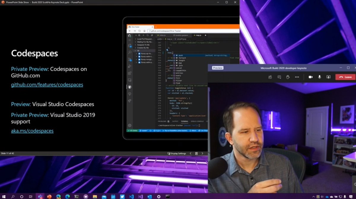 iAm_ManCat's tweet image. If you aren&apos;t already mindblown by how cool codespaces is, then go back and follow how @shanselman&apos;s room lighting has been changing throughout the talk as he changes Windows Themes 😺
#MSBuild #MSBuild2020
