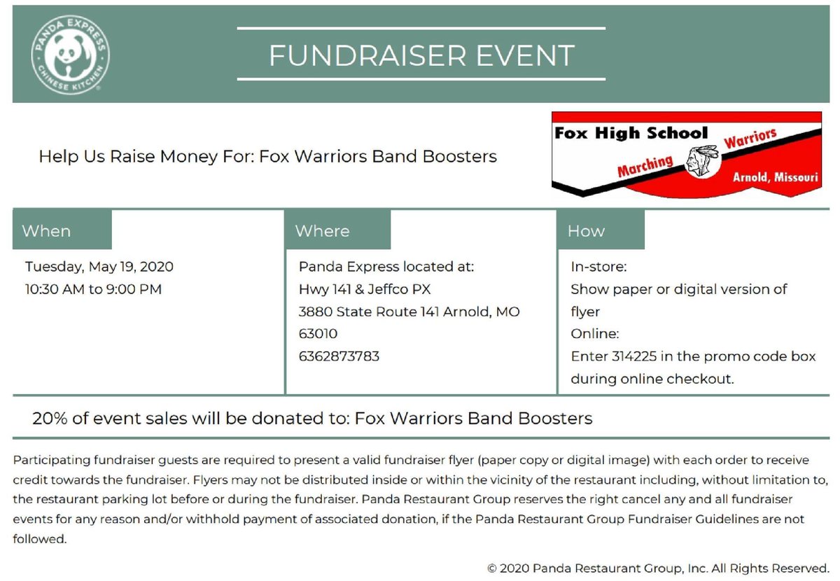 Fox_Bands's tweet photo. Wanna treat yo’self to a mountain of Orange Chicken today? Order from @PandaExpress in Arnold today from 10:30-9:00 pm and show this flyer to have 20% of sales sent directly back to the Fox Band Booster! You can even order online and use promo code “314225”. @FoxC6Schools https://t.co/mI01ThJCAT