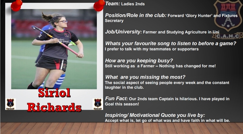 Ladies 2nds player, <a href="/Siriol_Richards/">SiriolRich</a>  is today's 'Get to Know our Members' choice!
Siriol is commonly known as the 'Glory Hunter' of her team!
#HockeyFamily #GetToKnow
🏑🔴⚫🏑