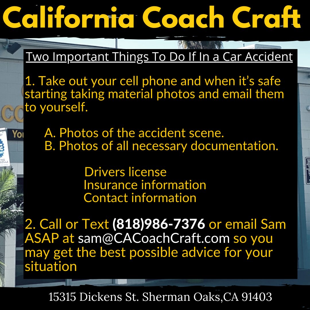 CACoachCraft's tweet photo. If you've been in an accident, don't stress- the team at California Coach Craft is here to support you. We have no contact vehicle pick up and drop off. We also provide FREE ESTIMATES via Facetime, Text, or email. Need us? Call or text (818)986-7376 or email info@CACoachCraft.com https://t.co/mAhS1wyXYF