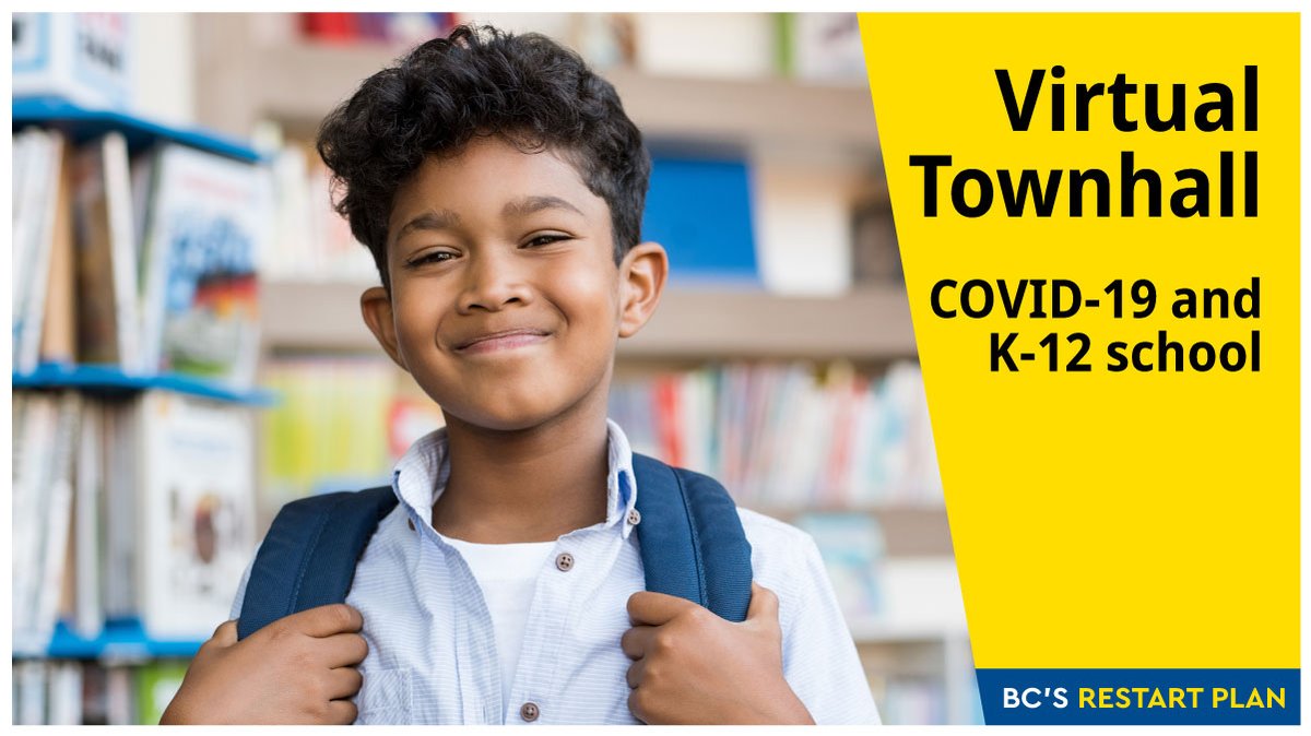 Have questions about COVID-19 and K-12 education in BC? 

Join our virtual townhall on Wednesday, May 20 at 7:15pm (PDT) on the Government of BC's Facebook Page or YouTube channel. 

Submit a question in advance at gov.bc.ca/covid19townhal… 

#COVIDBC #bced