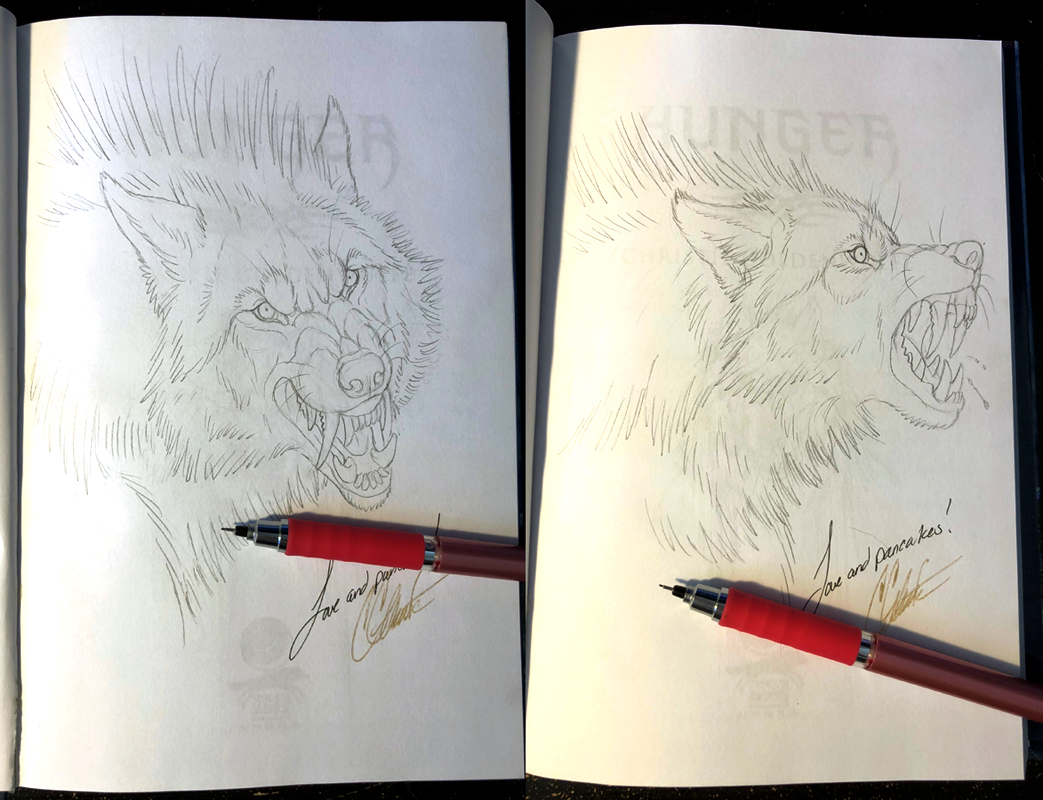 KierrnMoon's tweet photo. A couple more nice snarlies I had drawn inside the covers of my illustrated hardcover version of Hunger. #kierrn #christiegoldenwulfe #werewolf #werewolves #lycan #lycanthrope #lycanthropy https://t.co/B7FPz58c2F