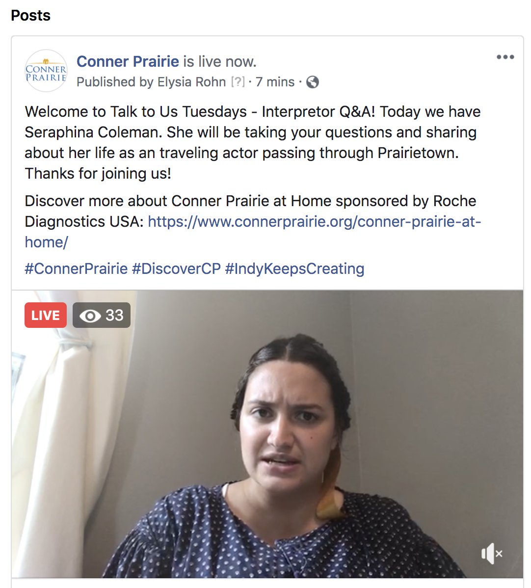 ConnerPrairie's tweet image. We're LIVE with traveling actor, Seraphina Coleman, over on Facebook right now! 1PM - 2PM EDT.

Bring your questions: facebook.com/connerprairie/

#ConnerPrairie #DiscoverCP #IndyKeepsCreating