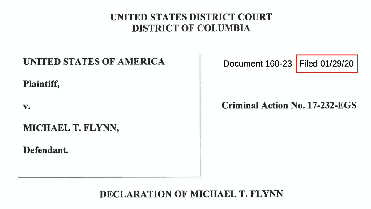 Here's a sworn declaration under "penalty of perjury" submitted by General Flynn to Judge Sullivan on Jan 29, 2020Flynn says he was never guilty, apologizes for pleading guilty to Sullivan, and declares he is 100% innocent and always has been...nearly *4 months* ago