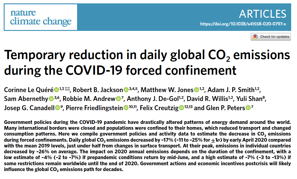 clequere's tweet photo. It was on 27 Feb, before the #COVID19 pandemic started, that @borenbears asked the first question: would the impending coronavirus pandemic change or reduce global GHG emissions?

Yes. Massively. Temporarily. 
https://t.co/lubG5WYQlD @gcarbonproject @Peters_Glen @royalsociety 
1/ https://t.co/oAomJraU9w