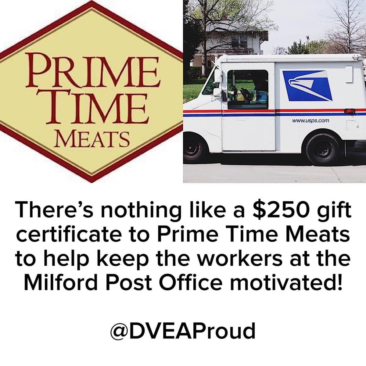 DVEAProud's tweet photo. It’s important for our community to stand strong in support of each other. As part of our COVID Relief Initiative DVEApurchased a $250 gift card from Prime Time Meats to give to the workers at the USPS Office of Milford to express our sincerest gratitude! https://t.co/TS1njVblUe