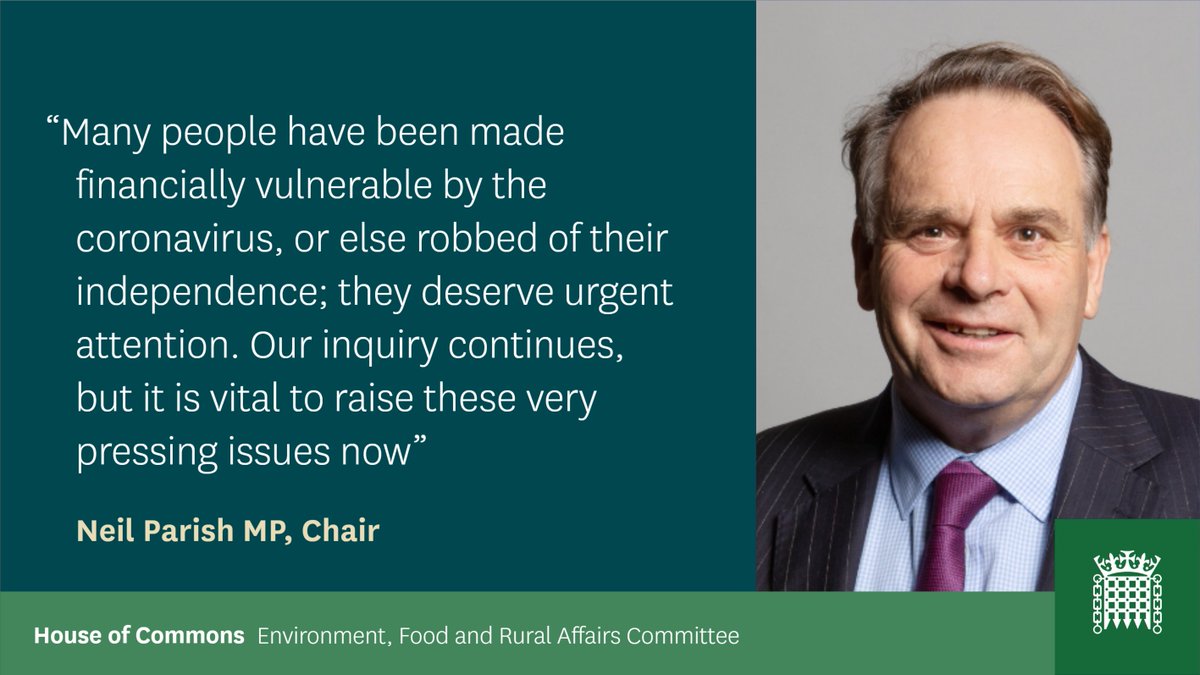 Many people are facing "pressing challenges" in getting the healthy food they need due to #coronavirus. Our Chair has written to George Eustice <a href="/DefraGovUK/">Defra UK</a> to highlight the evidence we've received as part of our inquiry into #COVID19 &amp; Food Supply. See committees.parliament.uk/committee/52/e…