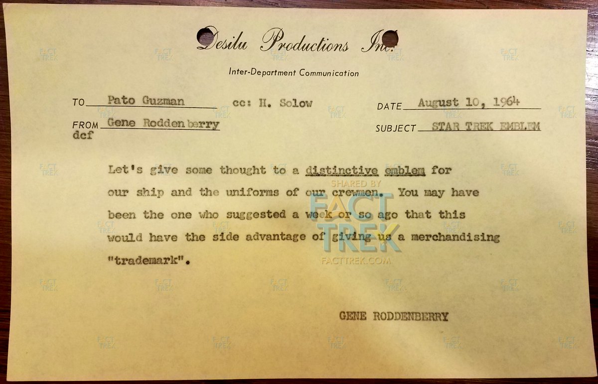 It begins with Gene  #Roddenberry wanting  #StarTrek to have a “distinctive emblem,” something immediately identifiable & also with merchandising potential. Here’s a memo he sent to art director Pato Guzman about the emblem on August 10, 1964 (during pre-production on pilot #1).