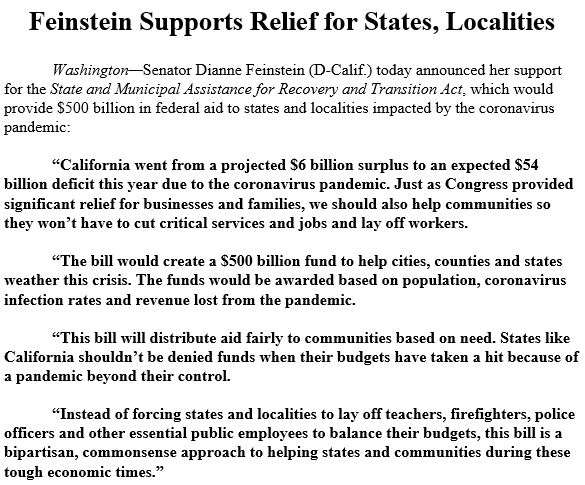 SenFeinstein's tweet photo. California expects a $54 billion budget deficit because of the coronavirus. Just as Congress provided relief for businesses and families, we should also help states and communities avoid having to cut critical services and lay off teachers, firefighters and other workers. https://t.co/wey4aoIJ6l