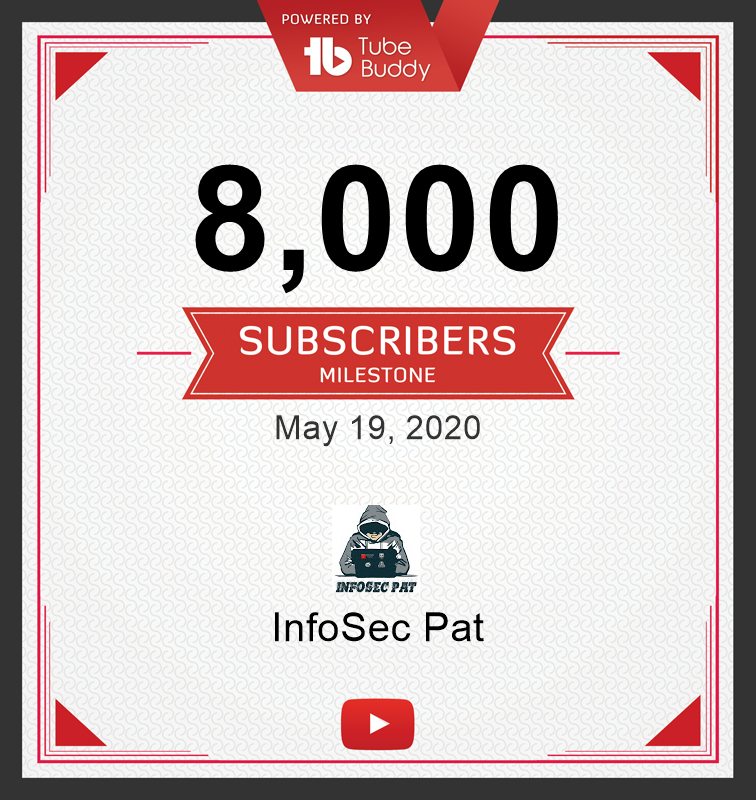 Infosecpat's tweet photo. Congratulations to InfoSec Pat for reaching the 8,000 Subscribers Milestone! #labITup #infosecpat #youtube #KeepRunning #keepworking #10knextgoal https://t.co/7EpWWVnIel