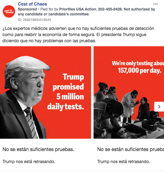 Latest Facebook ad <a href="/prioritiesUSA/">Priorities USA</a> is running as part of its #costofchaos campaign targeting Latino's in the swing state of Florida. <a href="/likebutterfield/">Danielle Butterfield</a> #2020election