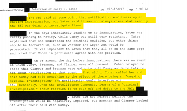 Now lets examine Yates. The day before inaugurations, Cohen tells her that Comey had said there is a “criminal” investigation into General Flynn.