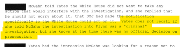 She knows at the time there was “No official decision on prosecution”. Ultimately, they must have decided not to prosecute General Flynn—another hugely significant issue in his current case given the posture of the prosecutors against his son and business partner.