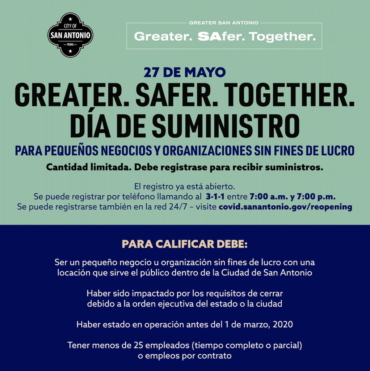 As #SanAntonio reopens, we are here to help. On May 27, the City of San Antonio will host the Greater. Safer. Together. Supply Pickup Day for local small businesses and nonprofits who are in need of COVID-19 safety supplies. Register at: covid19.sanantonio.gov/reopening or by calling 311