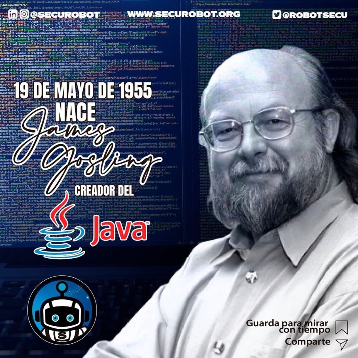RobotSecu's tweet photo. Tal dia como hoy el 19 de mayo de 1955, nace en Calgar, Canadá, James Gosling, famoso científico de la computación conocido como “el padre del lenguaje de programación Java”.
#secuenseña #secutips #quedateencasa #ciberseguridad #SECURobot #java #programador #jamesgosling https://t.co/fn79PjvyKT
