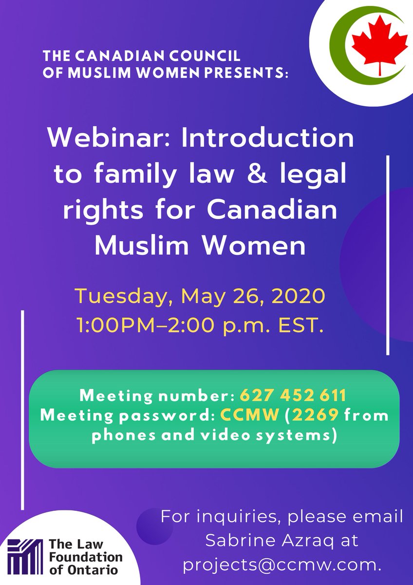 Awesome learning opportunity coming up a week from today (May 26) from @CCMWCanada - a webinar about #familylaw and legal rights for Canadian Muslim Women. Info here:  ccmw.com/ccmw-national/…