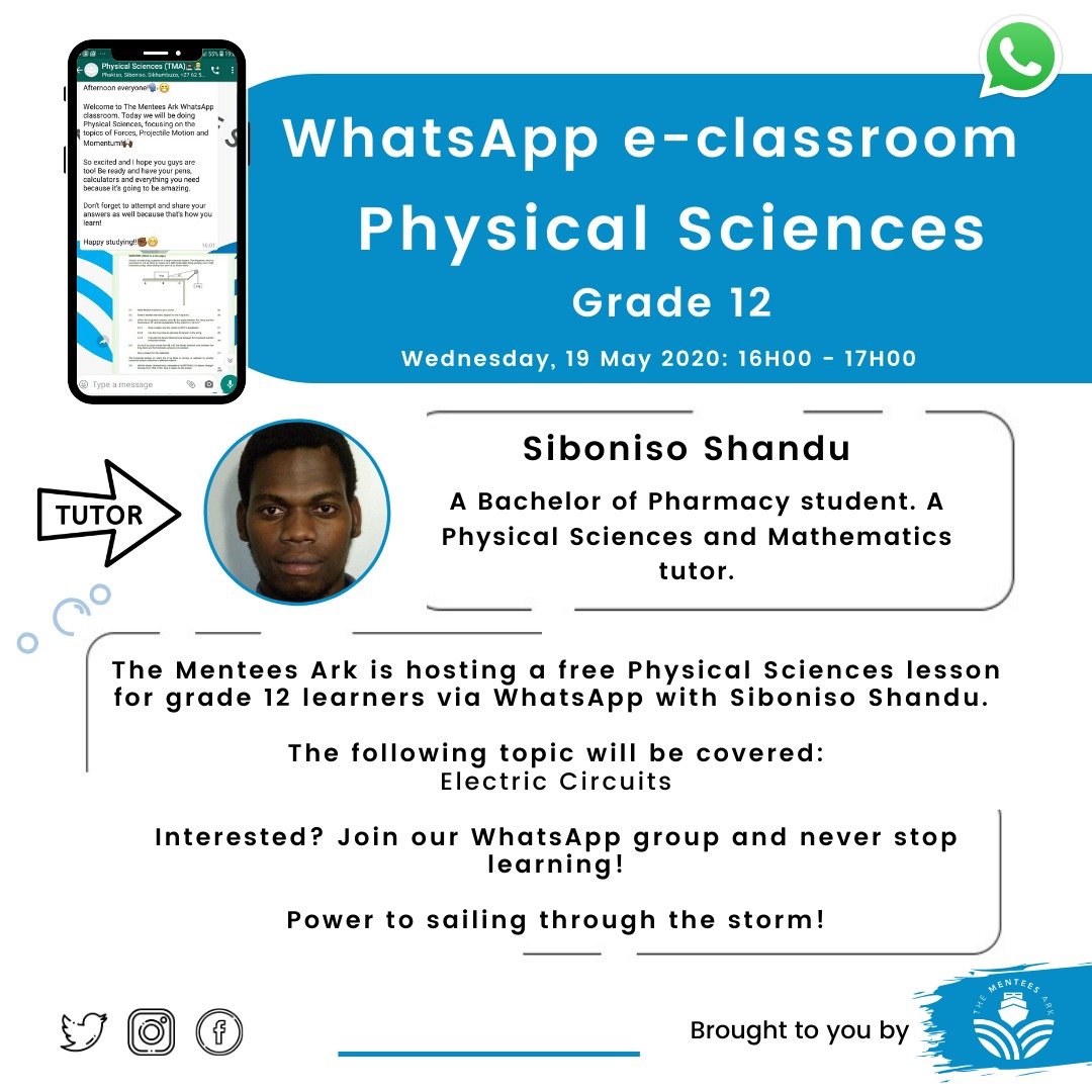 TheMenteesArk's tweet photo. Hello y'all 🙋🏾‍♀️,

I hope you are good. Tomorrow (20 May 2020). it's Grade 12 Physical Sciences.

The topic is Electric Circuits

 Here is the WhatsApp link:

 https://t.co/U49AXuN58y https://t.co/9Qs5r3vodT