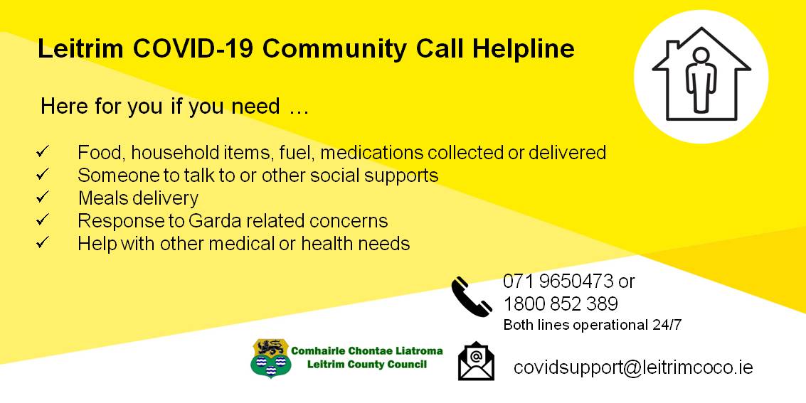 Carrick-on-Shannon (@carrickchamber) on Twitter photo Leitrim Community Call Helpline; 071 9650473 or
Freephone 1800 852 389.
Email: covidsupport<a href="/leitrimcoco/">Leitrim County Council</a>.ie
Here to help. Both lines operate 24/7
#Leitrim #YourCouncil #CommunityCall #COVID19
#CarrickonShannon via @leitrimcoco Leitrim Community Call Helpline; 071 9650473 or
Freephone 1800 852 389.
Email: covidsupport<a href="/leitrimcoco/">Leitrim County Council</a>.ie
Here to help. Both lines operate 24/7
#Leitrim #YourCouncil #CommunityCall #COVID19
#CarrickonShannon via @leitrimcoco