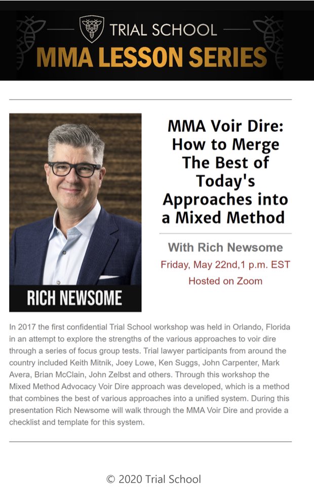 trial_school's tweet photo. MMA Voir Dire: How to Merge The Best of Today’s Approaches into a Mixed Method with @RichNewsome.
Register: https://t.co/LSA8Xo0q5W
@SynergySettle @NewsomeMelton https://t.co/TxXwGQO7s1