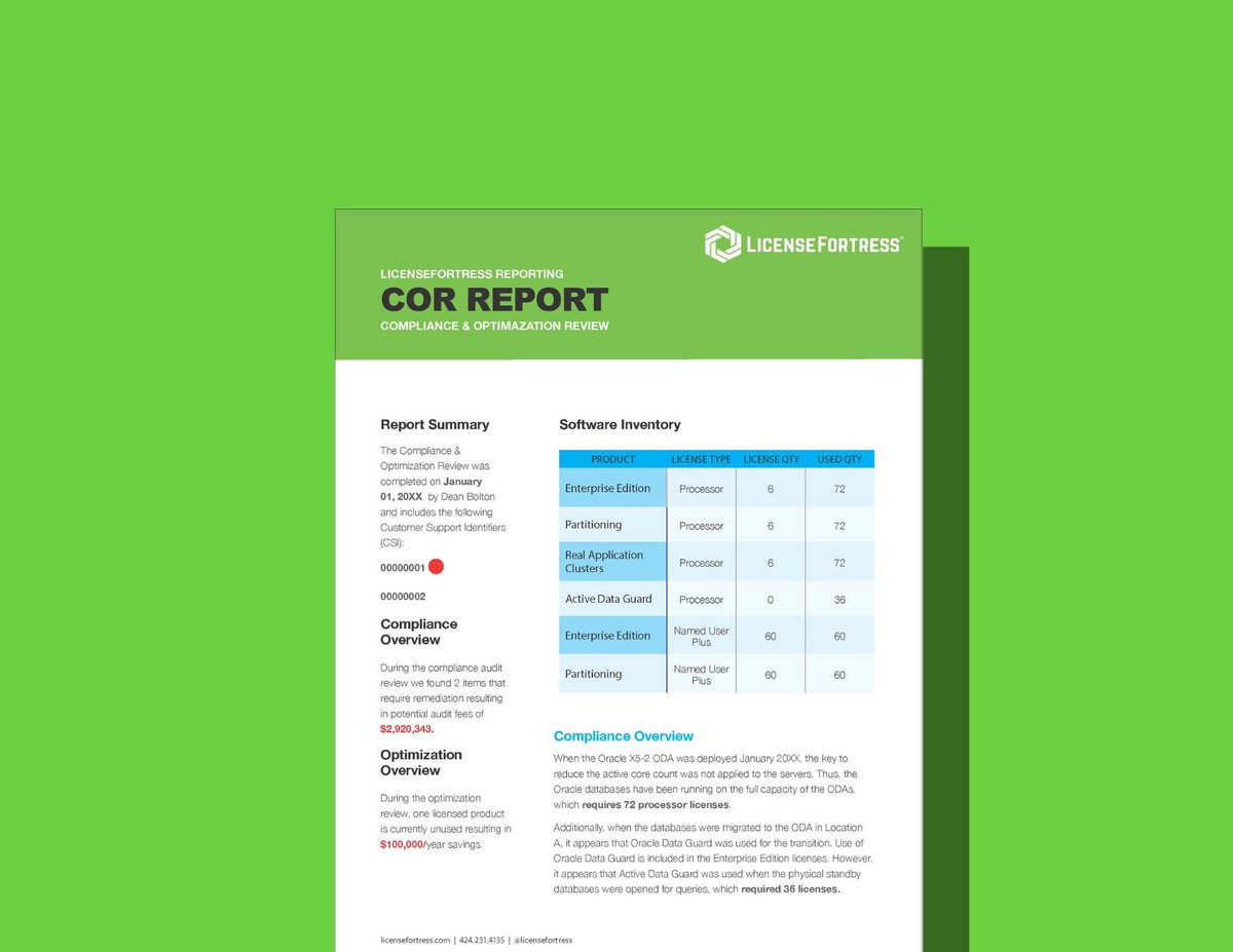 LicenseFortress's tweet image. With the LicenseFortress COR Report we uncover over $2.9M on average in compliance issues while only averaging approx. $28K in cost. What would you rather pay? licensefortress.com/compliance-and…… #oraclecompliance #oracleoptimization #sam #itam #oracle #oraclelicensing #oracleaudit