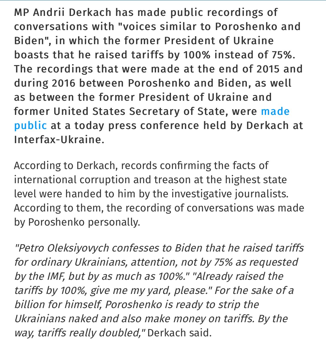 MP Andril Derkach Makes Conversations Between Petro Poroshenko, Joe Biden & Hillary Clinton PublicPresents Statement on Being Handed Records on International Corruption & Treason at Highest Levels @POTUS  https://ukranews.com/en/news/703227-poroshenko-boasted-to-biden-that-he-had-raised-tariffs-by-100-instead-of-the-required-75-a-record  https://twitter.com/dmills3710/status/1222713369091805184