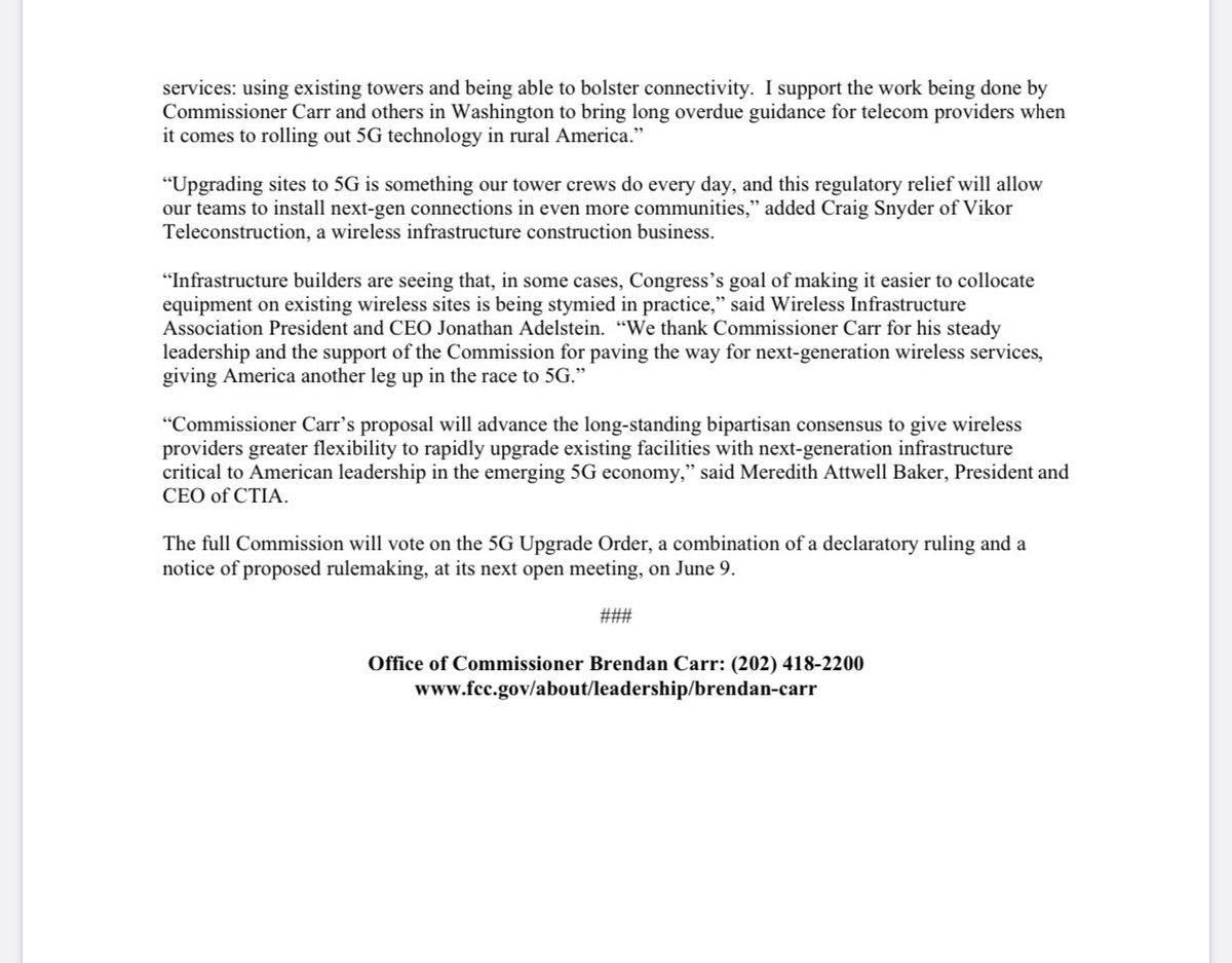 BrendanCarrFCC's tweet photo. The FCCโs 5G Upgrade Order will help tower crews rapidly upgrade exiting sites to 5G, including in rural America.
Glad to see support building for this initiative.
We will vote on it on June 9.
More details here ๐ https://t.co/dyPZ5yU6Je https://t.co/HDtkeu0moz