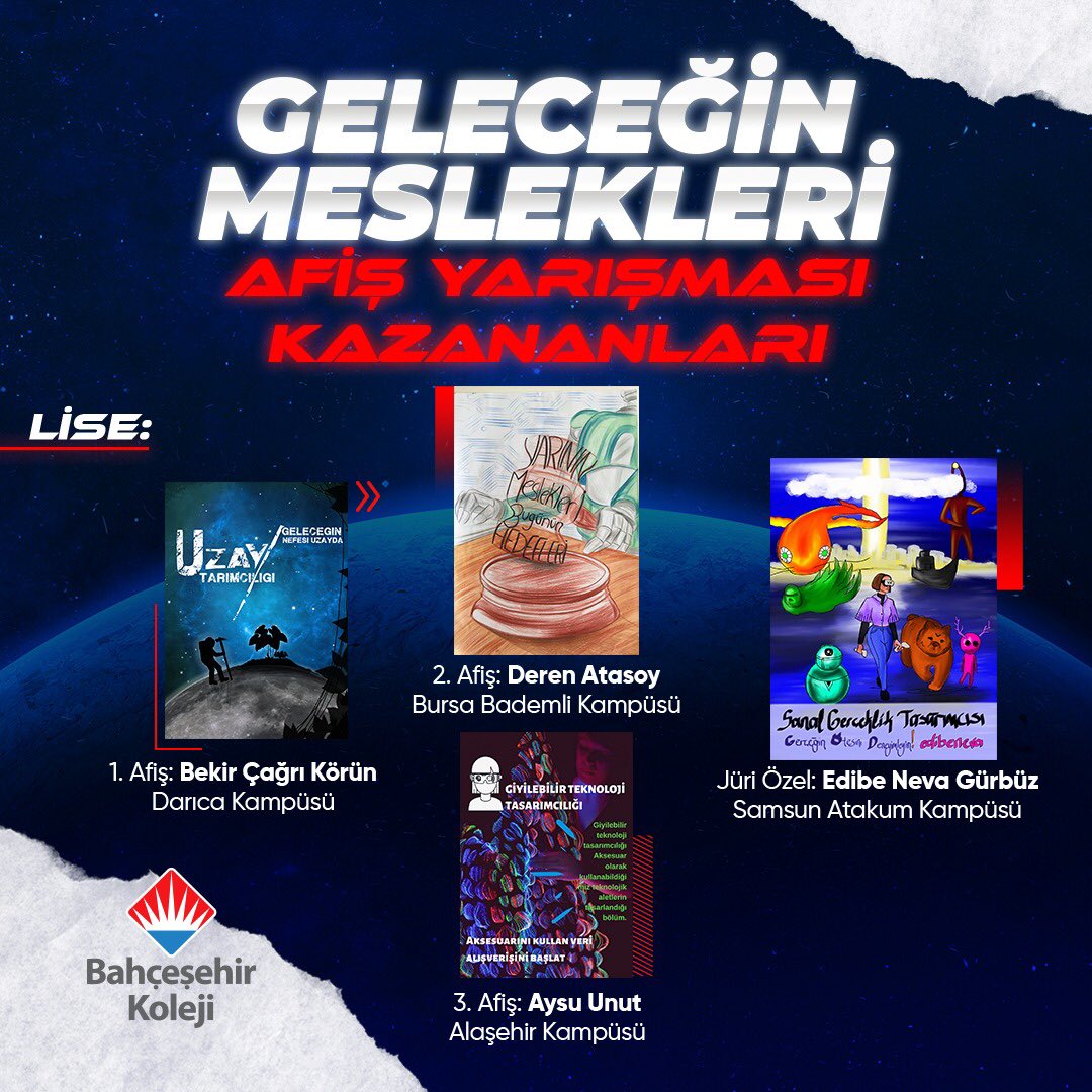 bahcesehir_k12's tweet photo. Öğrencilerimizin değişen dünyayı ve geleceğin mesleklerini tasarladığı ‘’Geleceğin Meslekleri Afiş Yarışması’’ Kazananları Belli Oldu!💫 

İlkokul, Ortaokul ve Lise kademelerinde dereceye giren tüm öğrencilerimizi tebrik ederiz! 🎉👏🏼

#bahçeşehirkoleji ❤️💙 https://t.co/ff9gMLVTl1