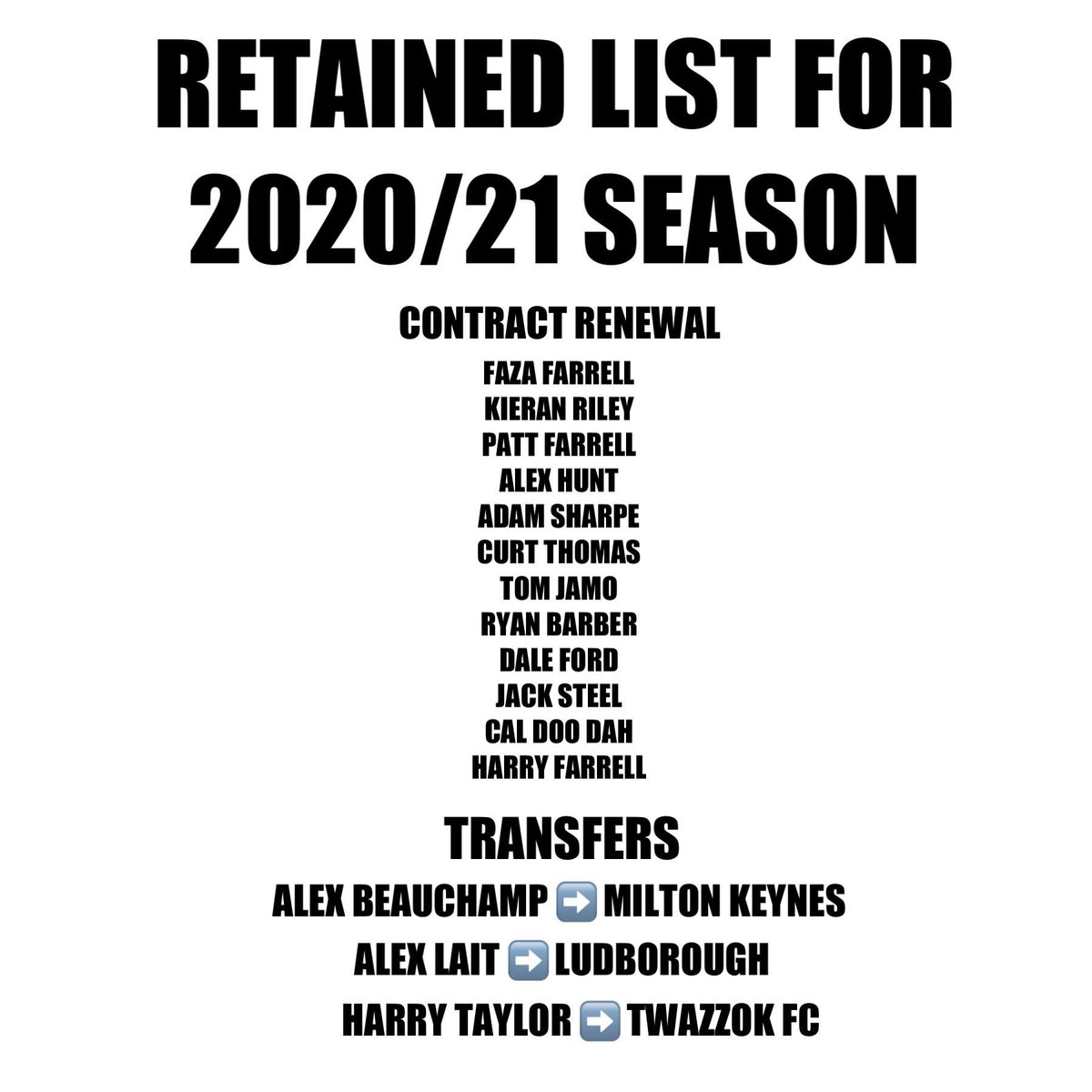 TwazzokFC's tweet photo. RETAINED LIST: The management team of @pattfarrell &amp; @faza_farrell have decided to renew the contracts of all current Twazzok players. 

We wish @Abeachy97 &amp; @alexlait_ all the best in the next step in their careers. https://t.co/ZWJrnuexHy
