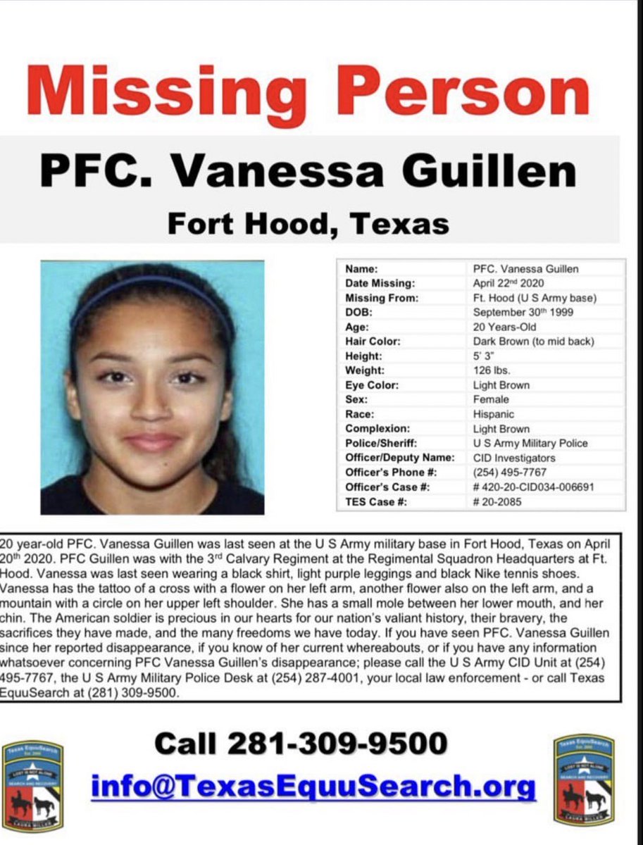 KendallRaeOnYT's tweet photo. MISSING FORT HOOD SOLDIER‼️ please be on the lookout especially in Texas. 
This is Vanessa Guillen! She disappeared from The Fort Hood military base where she works on April 22nd 2020 (last seen aroun 1pm). Her car was found still on the base 🤨 please share 🙏🏼#FindVanessaGuillen https://t.co/BuOTXkn8zM