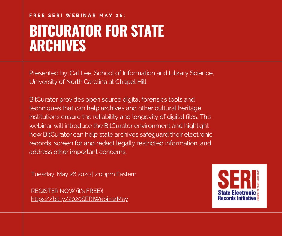 StateArchivists's tweet photo. FREE Webinar! BitCurator for State Archives with Cal Lee

Tuesday, May 26 at 2 pm Eastern

Register Now: https://t.co/C0JGO1DBX4 https://t.co/lqPWT41cmv