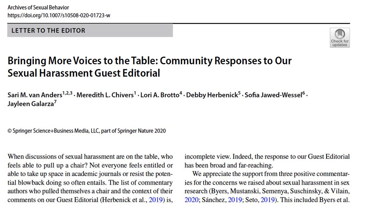“Sexual harassment doesn’t have to be sexual to be harassment. It involves any form of gender-based derogation or mistreatment”

My message joined many in this collection. Recommended reading!
link.springer.com/article/10.100…

#womeninscience #MeToo <a href="/WomenInCogSci/">WiCS+</a> <a href="/MeTooSTEM/">MeTooSTEM</a> <a href="/500womensci/">500 Women Scientists</a>