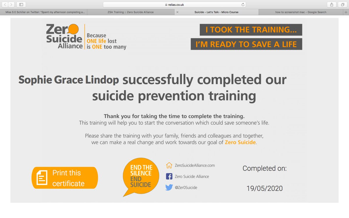 MissSGLindop's tweet photo. For day 2 of #MentalHealthAwarenessWeek2020 I've completed a *FREE* course in suicide prevention. I highly recommend taking a little bit of time to complete this and together we can remove the stigma around mental health and save lives💪❤️ https://t.co/FTliGRUDFJ