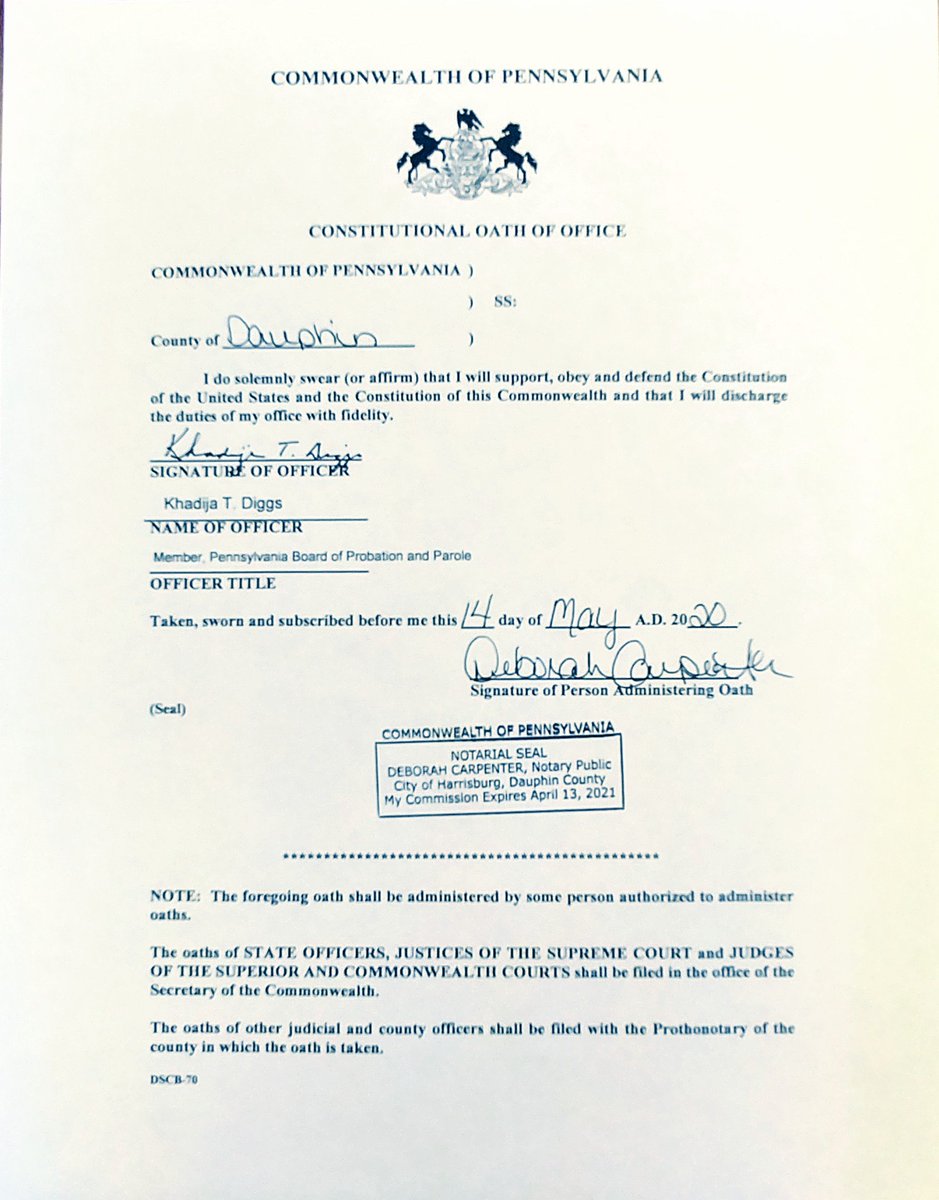 DEEPLY honored to be referred by <a href="/RepWheatley/">Jake Wheatley</a> nominated by @GovernorTomWolf presented by <a href="/Senatorcosta/">Senator Jay Costa</a> confirmed by #PASenate &amp; sworn-in as a PA Parole Board Member.  Such profound responsibility.  parole.pa.gov/About%20PBPP/b…  #FiskUniversity #HULaw #public #safety #parole #reentry