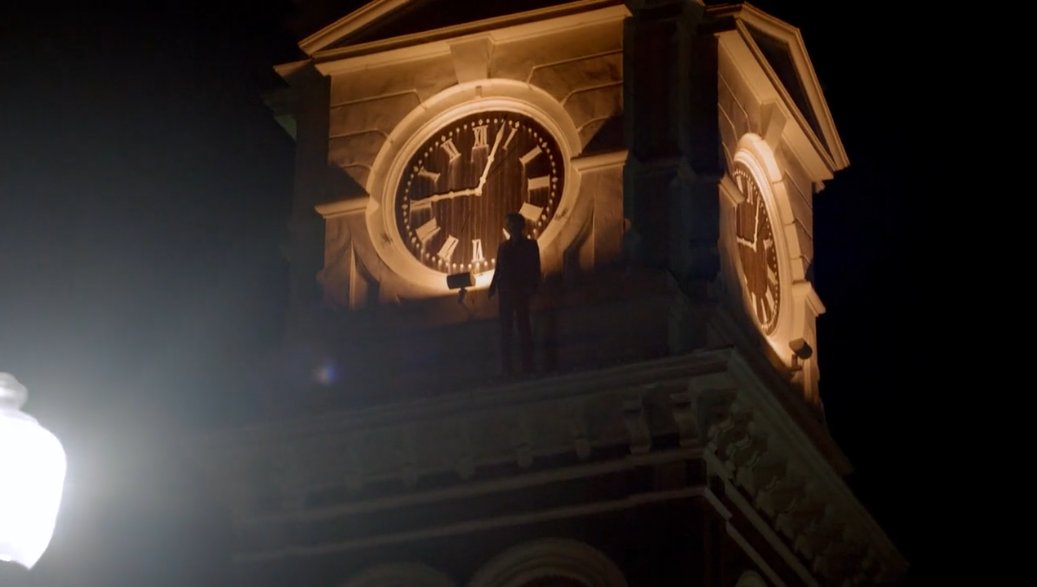 Final line of S6 in the script when Damon is standing at clock tower is:"Camera cranes up to a figure sitting unnoticed before the face of the clock tower. It's Damon obscured in shadow, gazing out grimly at what was once his town. This is Mystic Falls without Elena Gilbert."