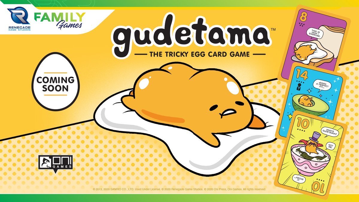 PlayRenegade's tweet image. #Gudetama: The Tricky Egg Card Game is coming soon! Channel your inner lazy egg in this over-easy trick-taking game for 2-7 players!  

Pre-order &amp;amp; learn more here: renegadegames.com/gudetama-card-…

@onipress