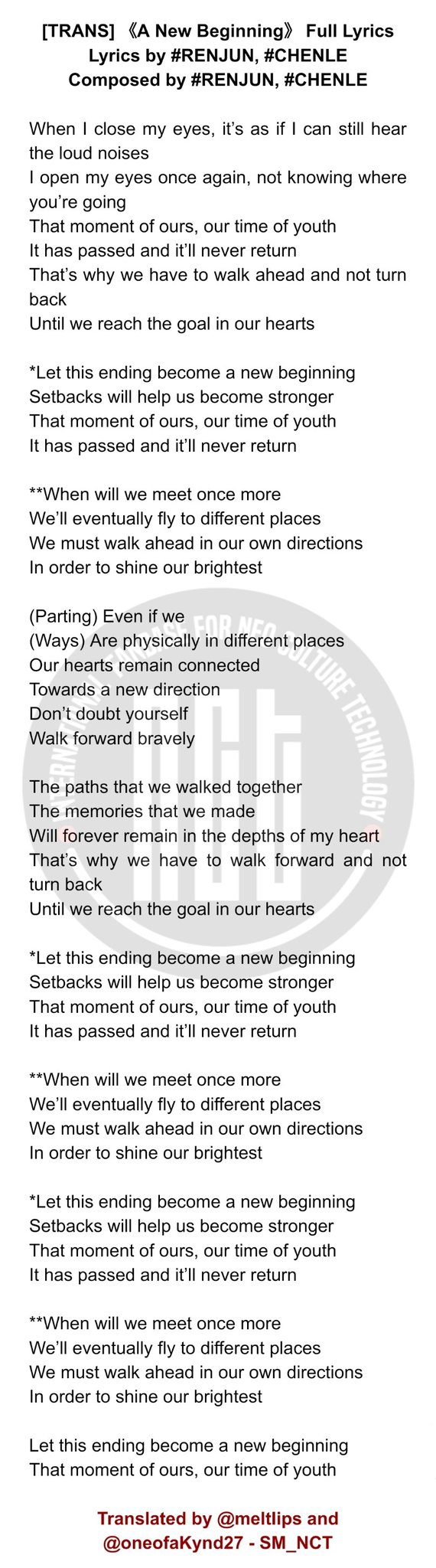 Sm Nct On Twitter Trans A New Beginning Full Lyrics Lyrics By Renjun Chenle Composed By Renjun Chenle Nct Nctdream Translated By Meltiips And Oneofakynd27 Sm Nct Https T Co Olwnxnzus0 Https T Co Cpz4wexa30 Https T Co Kbqz5tpfbr full lyrics lyrics by renjun chenle