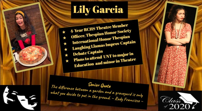 Senior Spotlight on the incredible Lily Garcia! We'll miss your sparkling talent and deep dedication to RCHS Theatre!