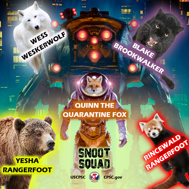 A robot with a bunch of animals around it. They all have names and together are known as the Snoot Squad. The text reads: Quinn the Quarantine Fox (fox), Rincewald Rangerfoot (red panda), Yesha Rangerfoot (grizzly bear), Wess Weskerwolf (white wolf), Blake Brookwalker (black panther).