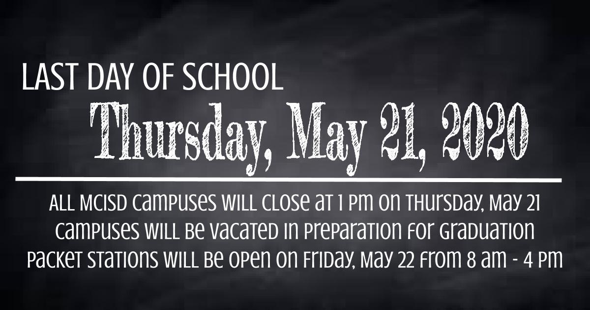 MCISD's tweet photo. Packet station schedule modified to accommodate open-air graduation for MHS Class of 2020.  Campuses closing at 1 pm on Thursday, May 21. Get your packets turned in to complete the 2019-2020 school year!  We miss seeing you #MustangFamily! ❤️💙 https://t.co/5v9zb238Li