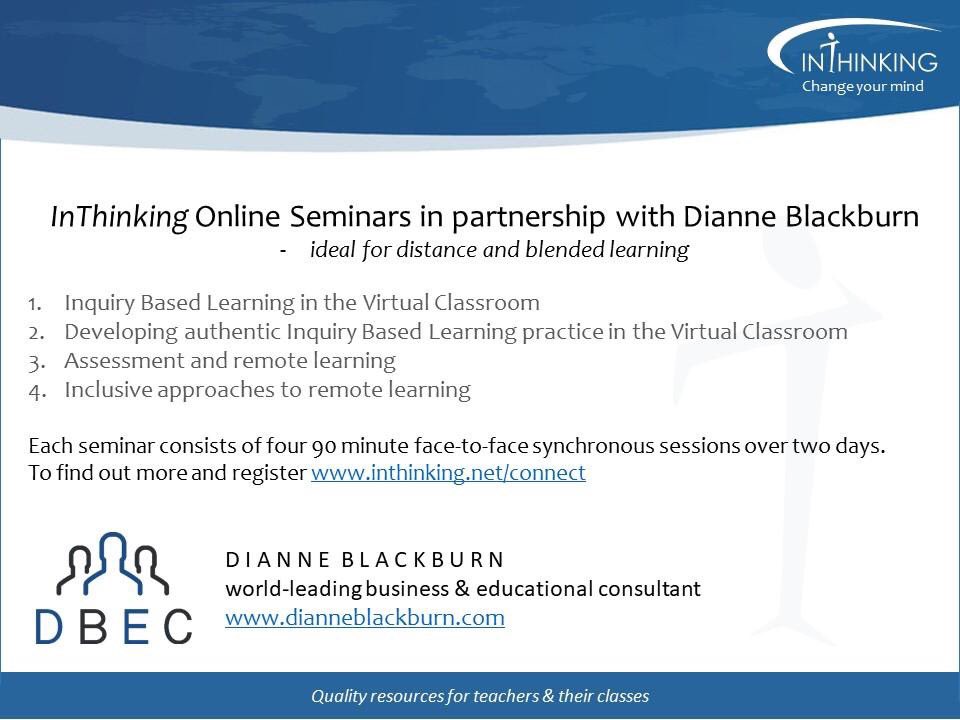 Delighted to share this project!
These interactive, online seminars provide educators with the benefits of face-to-face professional development through remote collaboration. Facilitated by Dianne Blackburn in partnership with <a href="/InThinking/">inthinking</a>
lnkd.in/gBxd-8P
