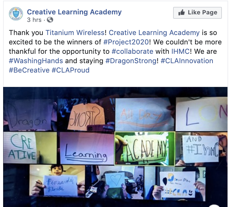 TitaniumStrong3's tweet photo. https://t.co/0gbcHFcWLP Congrats @creativelearningacademy, our #project2020 winners! Watch their #disruptor vid to #persevere in tough times. Thx for inspiring us to adapt to our #newnormal. #titaniumwireless #disruptingthetelecomindustry #allinthistogether #edtech #musiced #ihmc https://t.co/qqxyG2vVBU