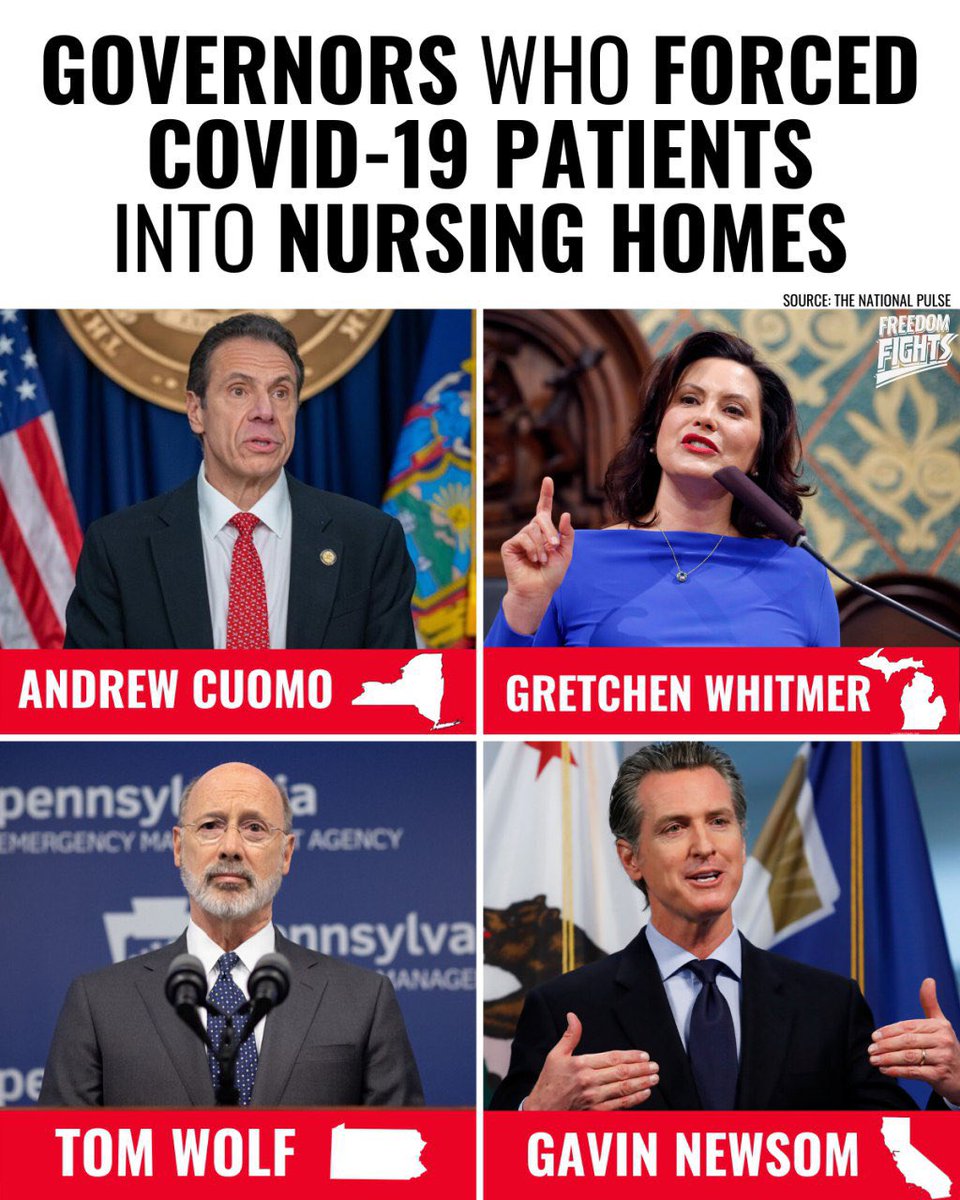 NEVER FORGET:We knew COVID-19 disproportionately affected the elderly. The virus killed them quicker. These Democrat governors ordered COVID Patients into nursing homes with at-risk populations.They need to be held accountable. @NYGovCuomo @GovWhitmer @GavinNewsom @TomWolfPA