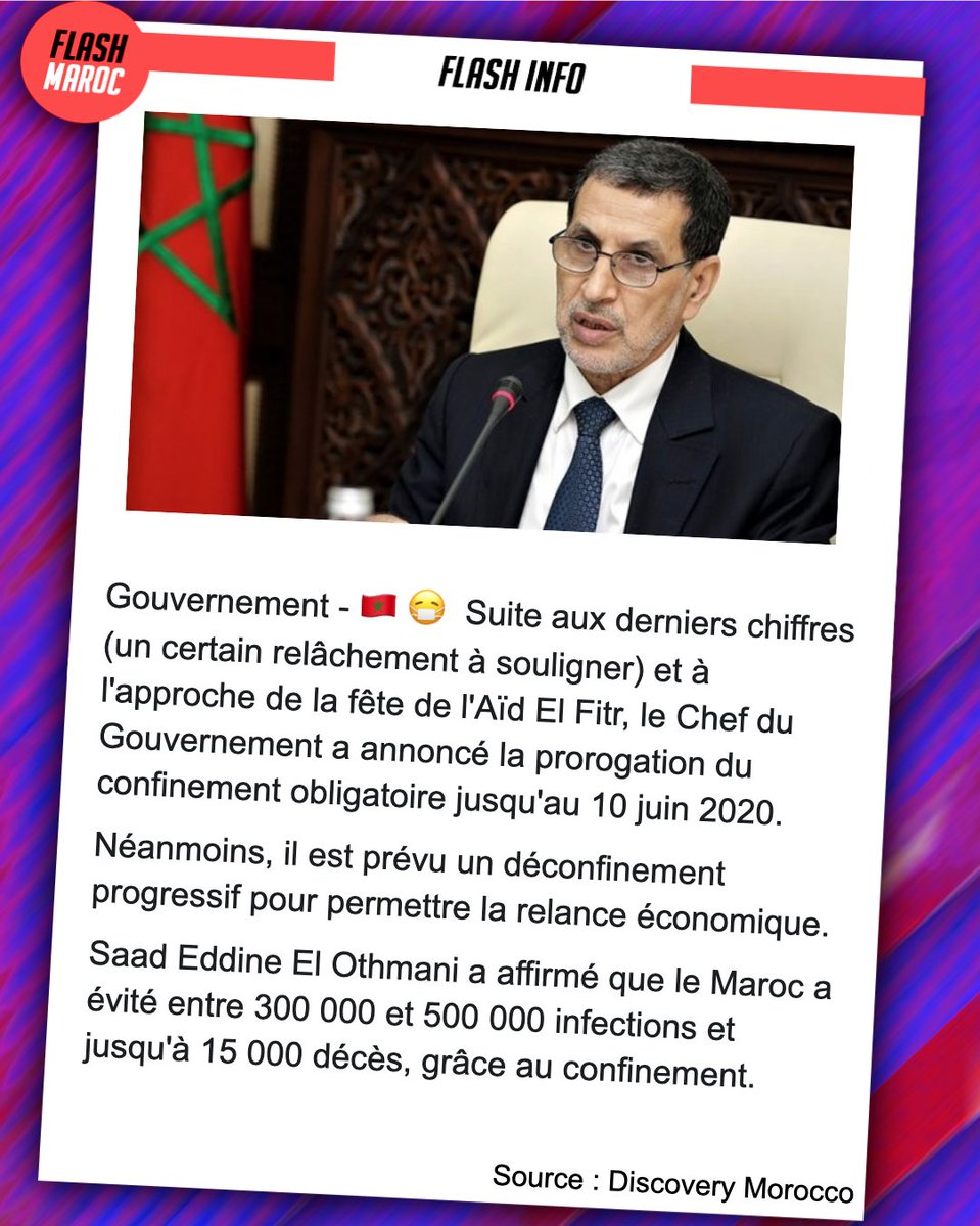 MarocFlash's tweet photo. Flash info  

#morocco #maroc #coronavirus #covid #covid_19 #actu #news #actumorocco #actumaroc #Flashmaroc #flashinfo #coronavirusmaroc #newsmaroc #ramadan  #pandemie #marocains #confinement https://t.co/BkhVOpCUbp