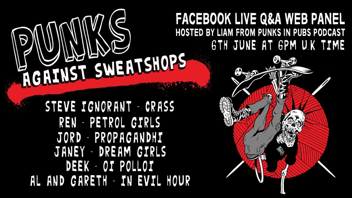 PunkEthics's tweet photo. Our #PunksAgainstSweatshops benefit show at @100clubLondon has been postponed until next Spring (more info to come), but instead we have lined up this AMAZING live Q&amp;A session hosted by the fantastic @PunksInPubs.

Check-in to our Facebook Page on Saturday 6th June 
@6pm! 🧷✊🧷 https://t.co/j1tClEF9Le